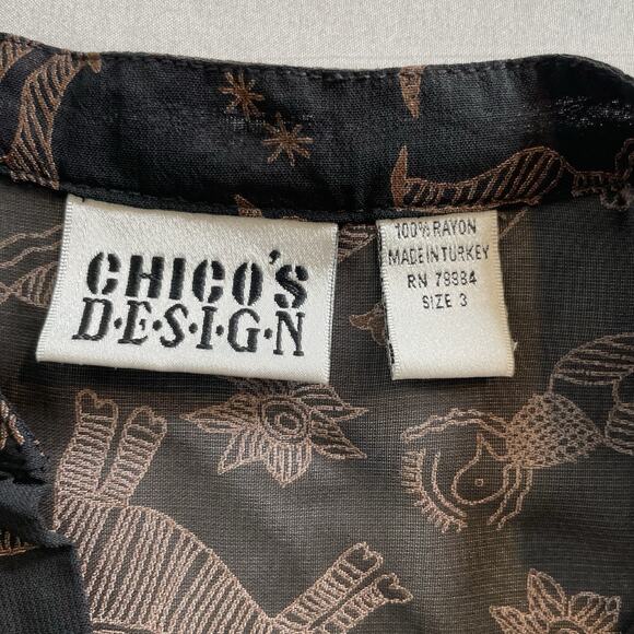 Chico's Women's Black Brown Sheer Animal Print Button Front Blouse Size 3 XL - Picture 5 of 11